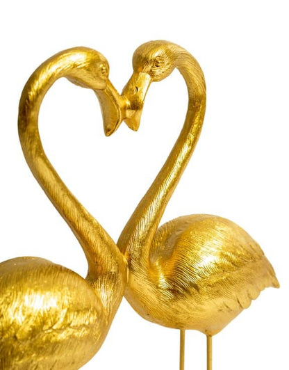 Pair of "Heart of Love" pink flamingos in antique gold