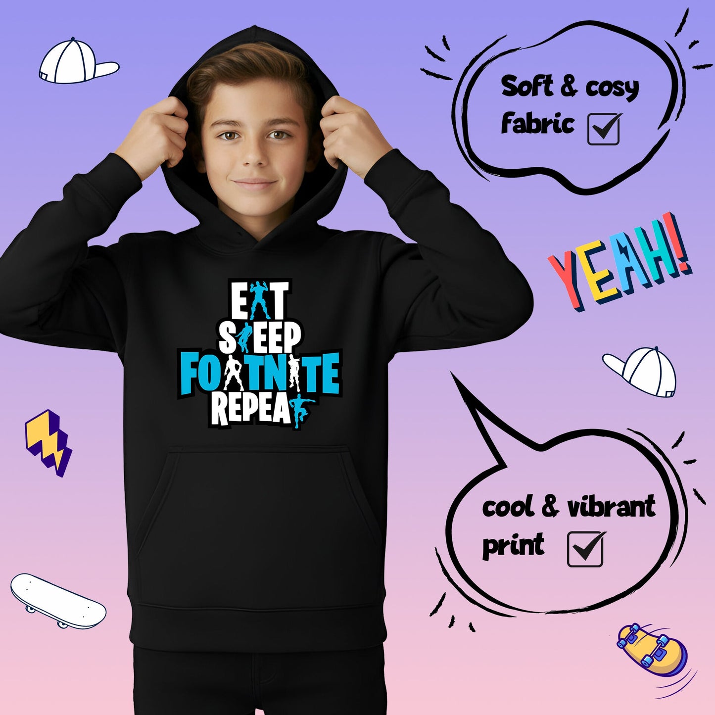 Fringoo gamer Sweat à capuche noir garçon Cotton Rich Soft Hooded Sweatshirt- Eat Fortnite noir