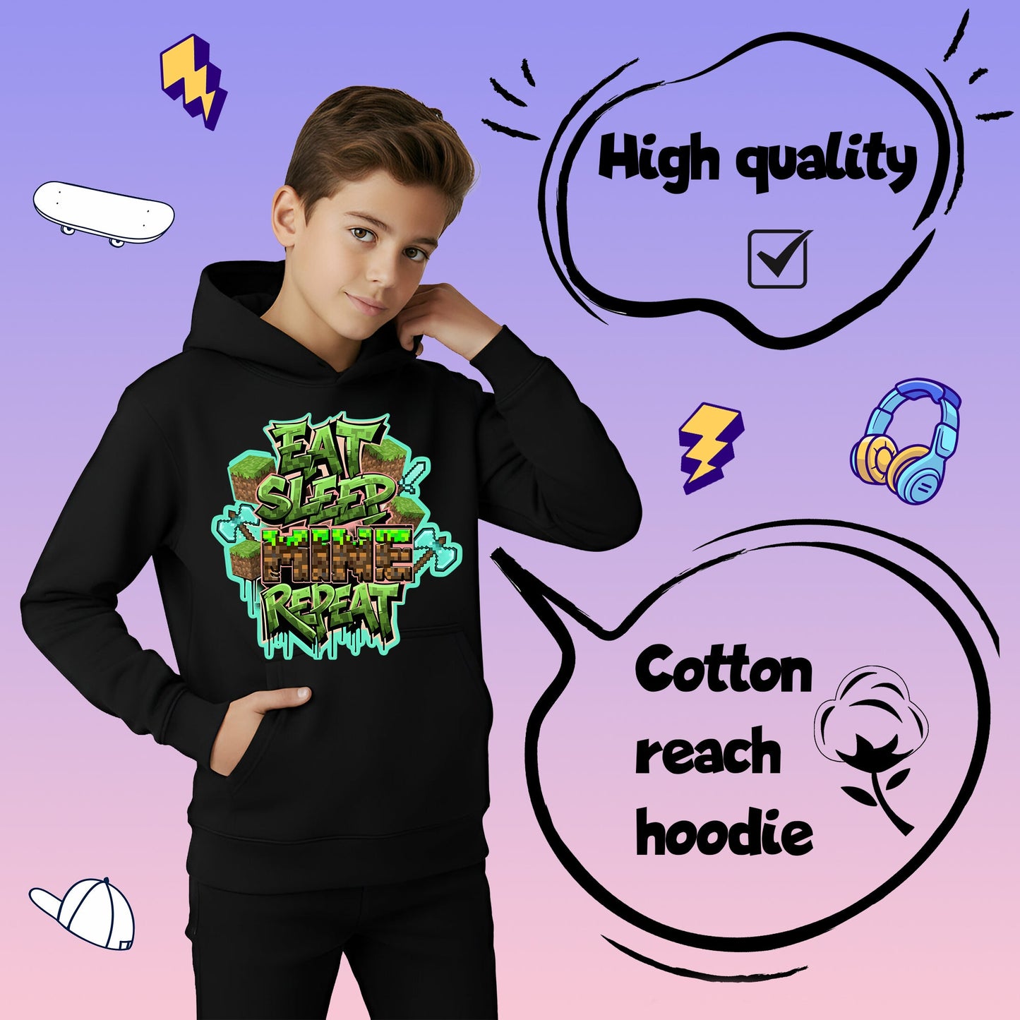 Fringoo gamer Sweat à capuche gris garçon Cotton Rich Soft Hooded Sweatshirt- Eat Minecraft noir