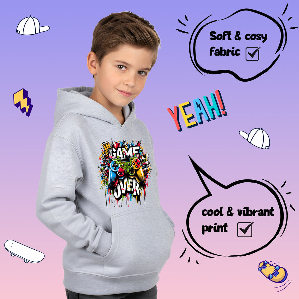 Sweat à capuche gymnastique – Fringoo gaming gris for Boys Cotton Rich Soft Hooded – Game over Graffiti gris