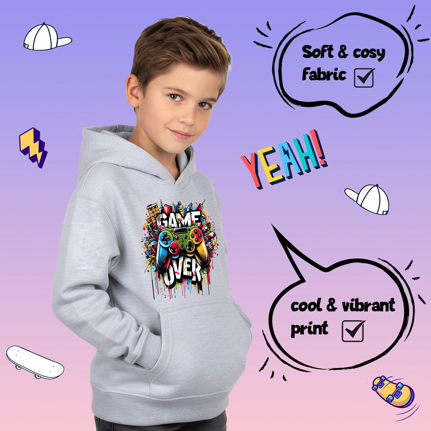 Fringoo Gamer Hoodie Grey for Boys Cotton Rich Soft Hooded Sweatshirt - Game over Graffiti Grey