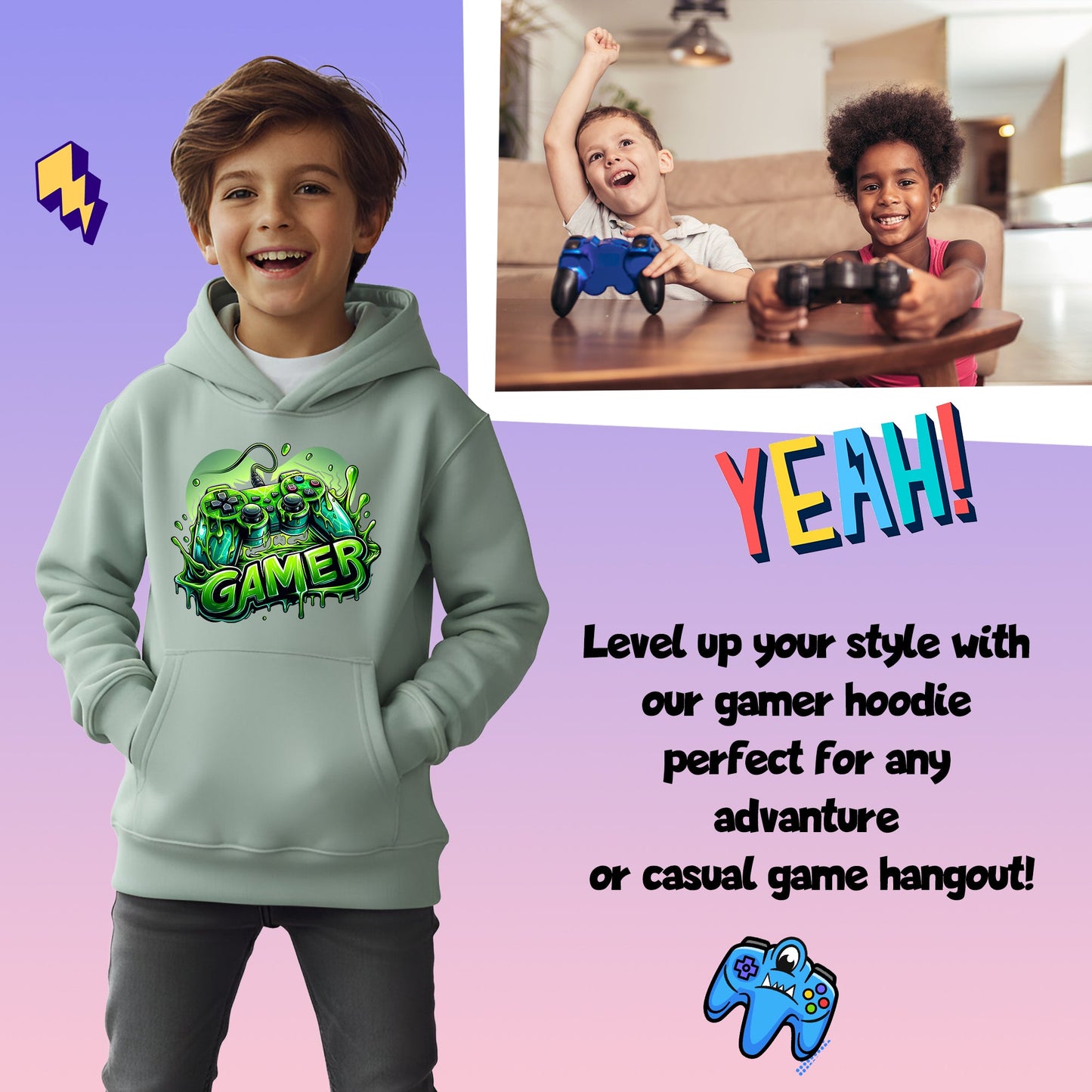 Fringoo gamer Sweat à capuche garçon Cotton Rich Soft Hooded Sweatshirt- gamer vert