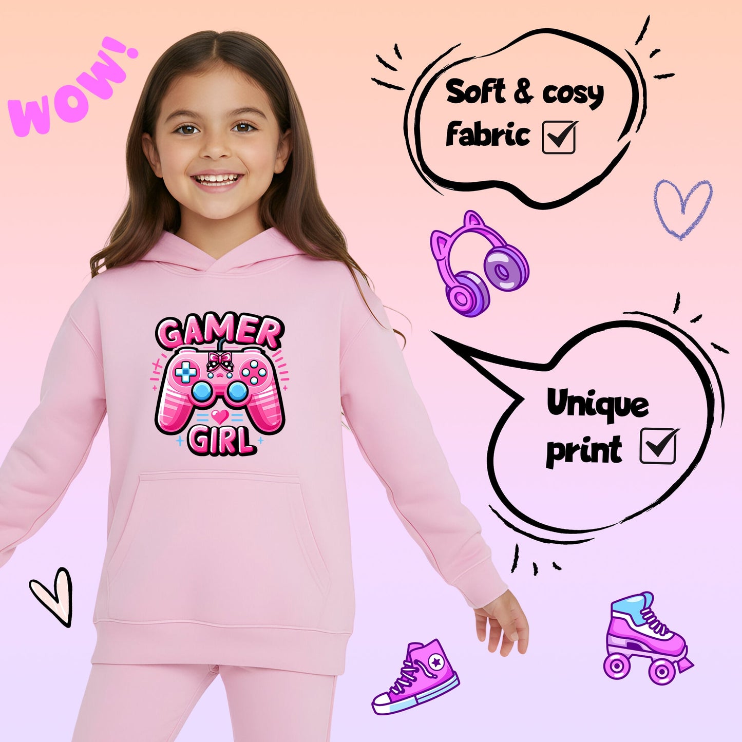 Fringoo gamer Sweat à capuche rose fille Cotton Rich Soft Hooded Sweatshirt- gamer Pad rose
