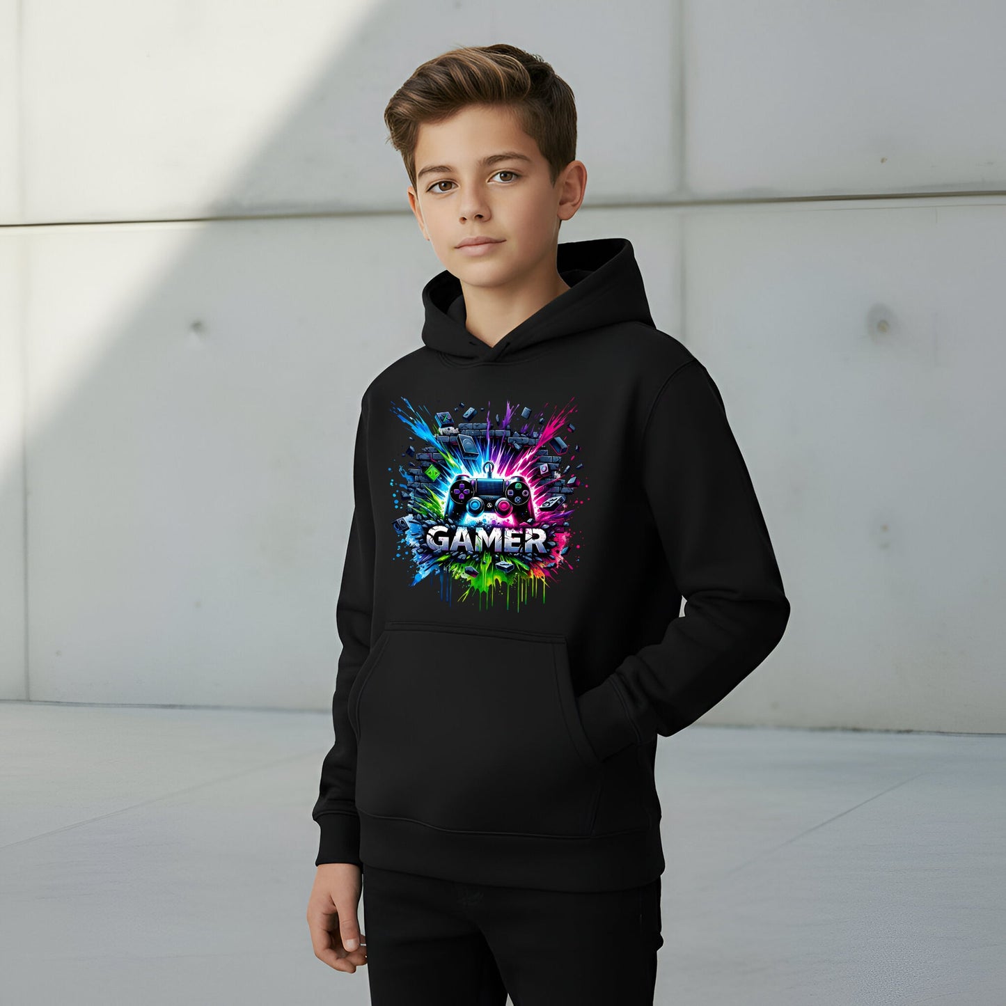 Fringoo gamer Sweat à capuche garçon Cotton Rich Soft Hooded Sweatshirt- gamer Splash noir