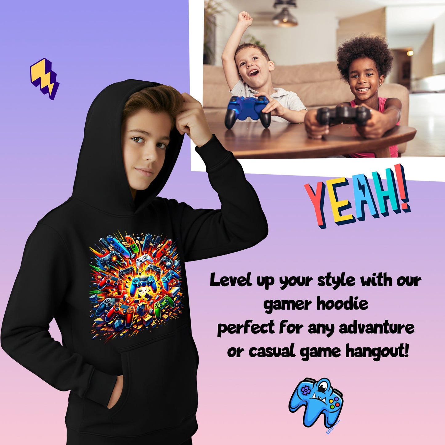 Fringoo gamer Sweat à capuche garçon Cotton Rich Soft Hooded Sweatshirt- Pads Explode noir