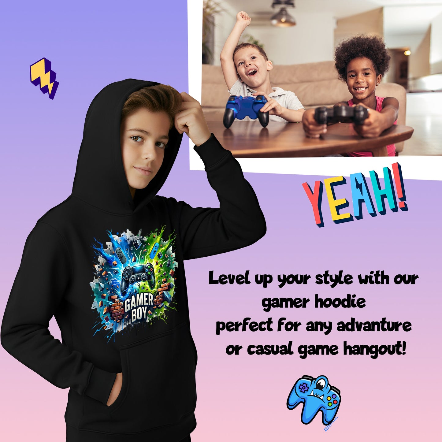 Fringoo gamer Sweat à capuche garçon Cotton Rich Soft Hooded Sweatshirt- gamer garçon Thunder noir