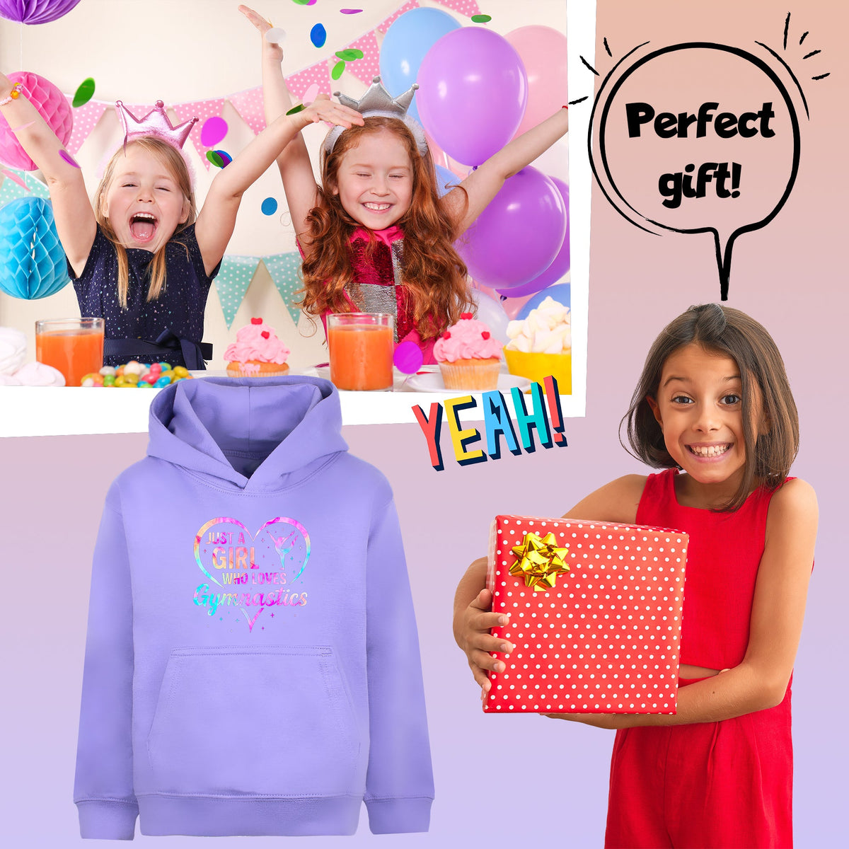 Fringoo Gymnastic Hoodie for Kids Cotton Rich Soft Hooded Sweatshirt - Love Gymnastics Purple
