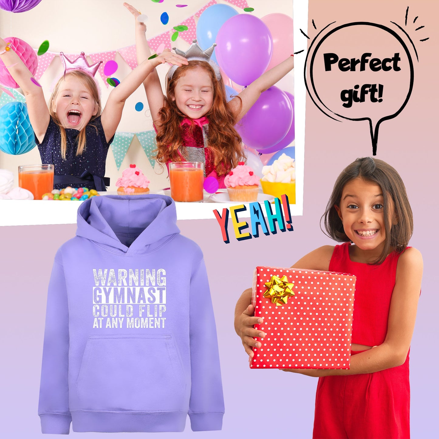 Fringoo Gymnastic Sweat à capuche for enfant Cotton Rich Soft Hooded Sweatshirt- Gymnast Warning violet