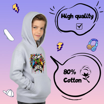 Fringoo Gamer Hoodie Grey for Boys Cotton Rich Soft Hooded Sweatshirt - Game over Graffiti Grey
