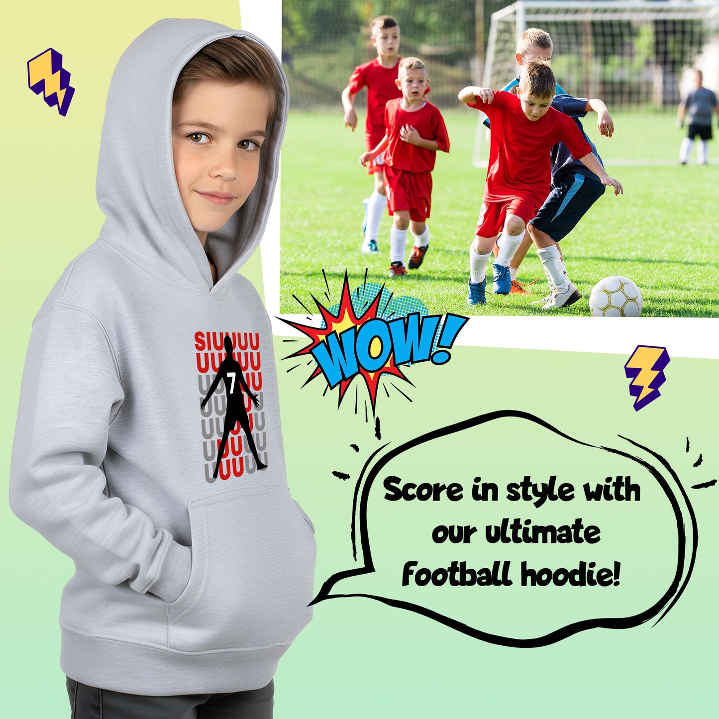 Fringoo gamer Sweat à capuche gris garçon Cotton Rich Soft Hooded Sweatshirt- Cristiano SIUUU gris