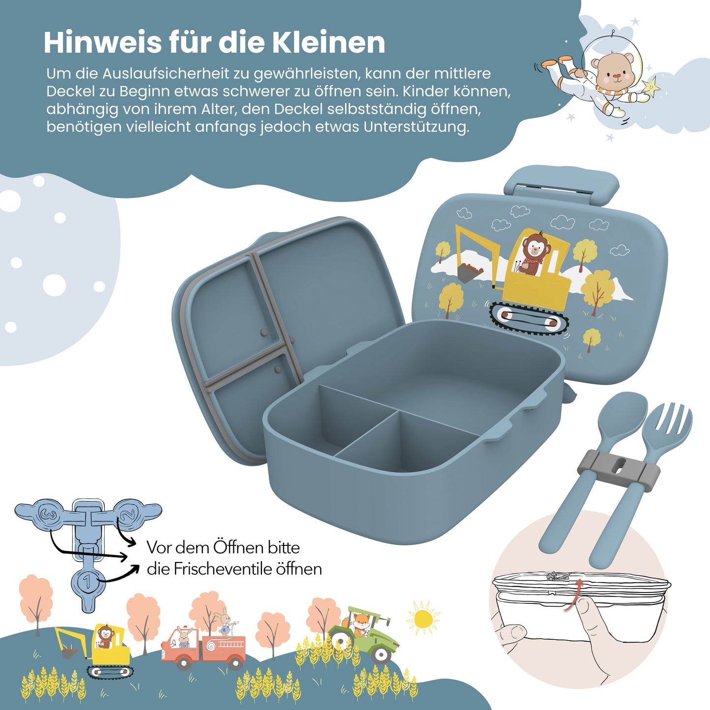 Brotdose Kinder mit Fächern, leicht & auslaufsicher - Bagger