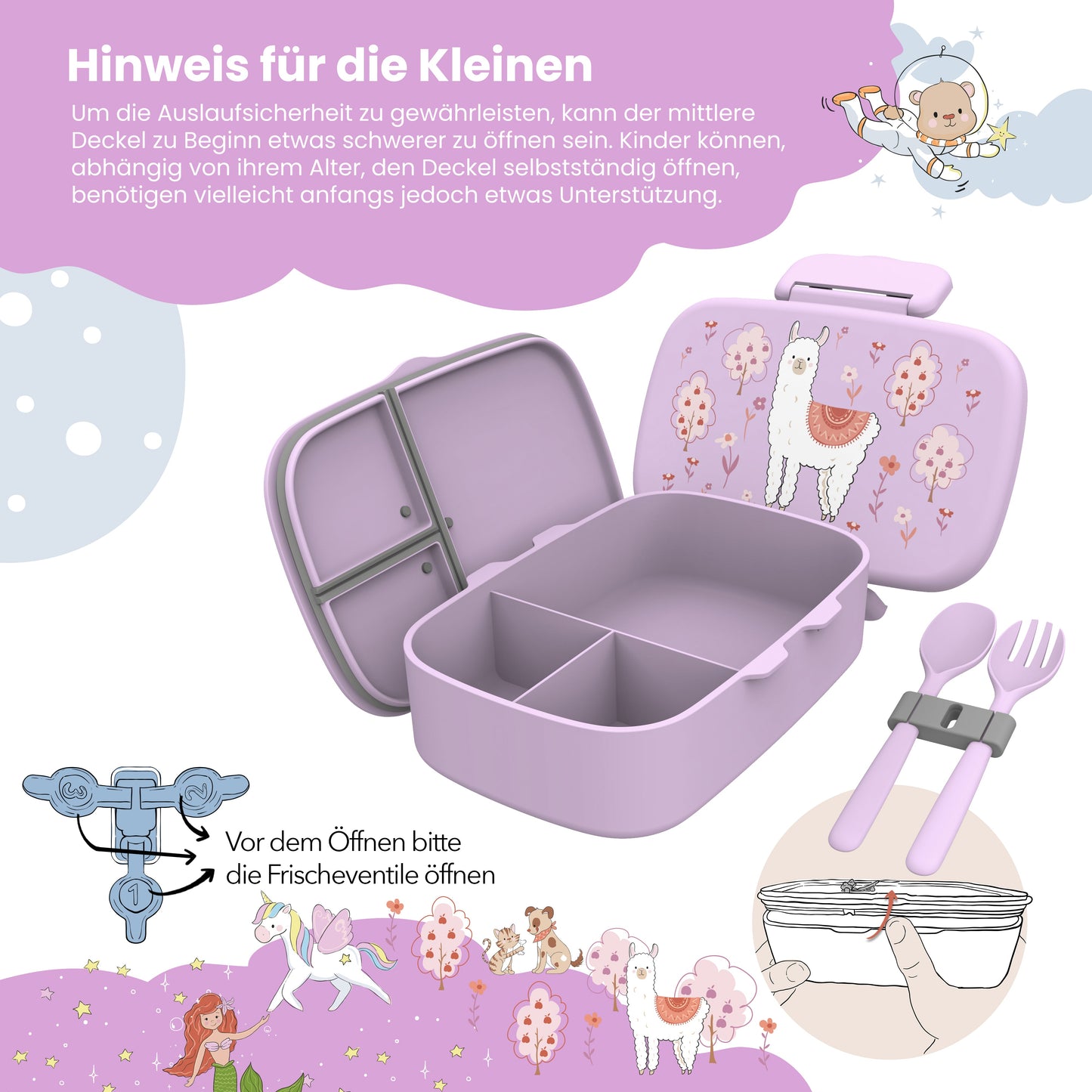 Brotdose Kinder mit Fächern, leicht & auslaufsicher - Lama