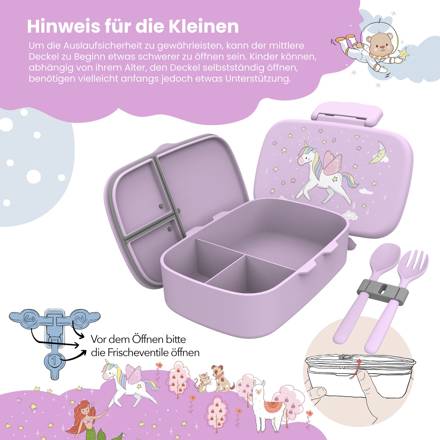 Brotdose Kinder mit Fächern, leicht & auslaufsicher- Einhorn