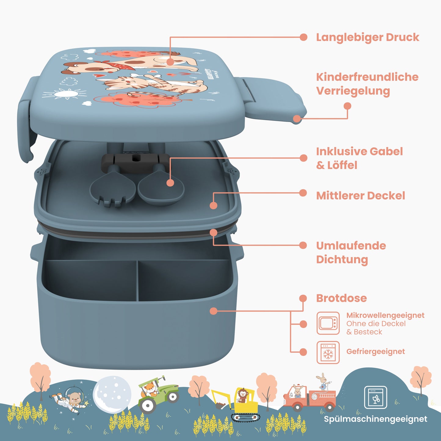 Kids' Bento Box, Lightweight & Leakproof - Dog Cat