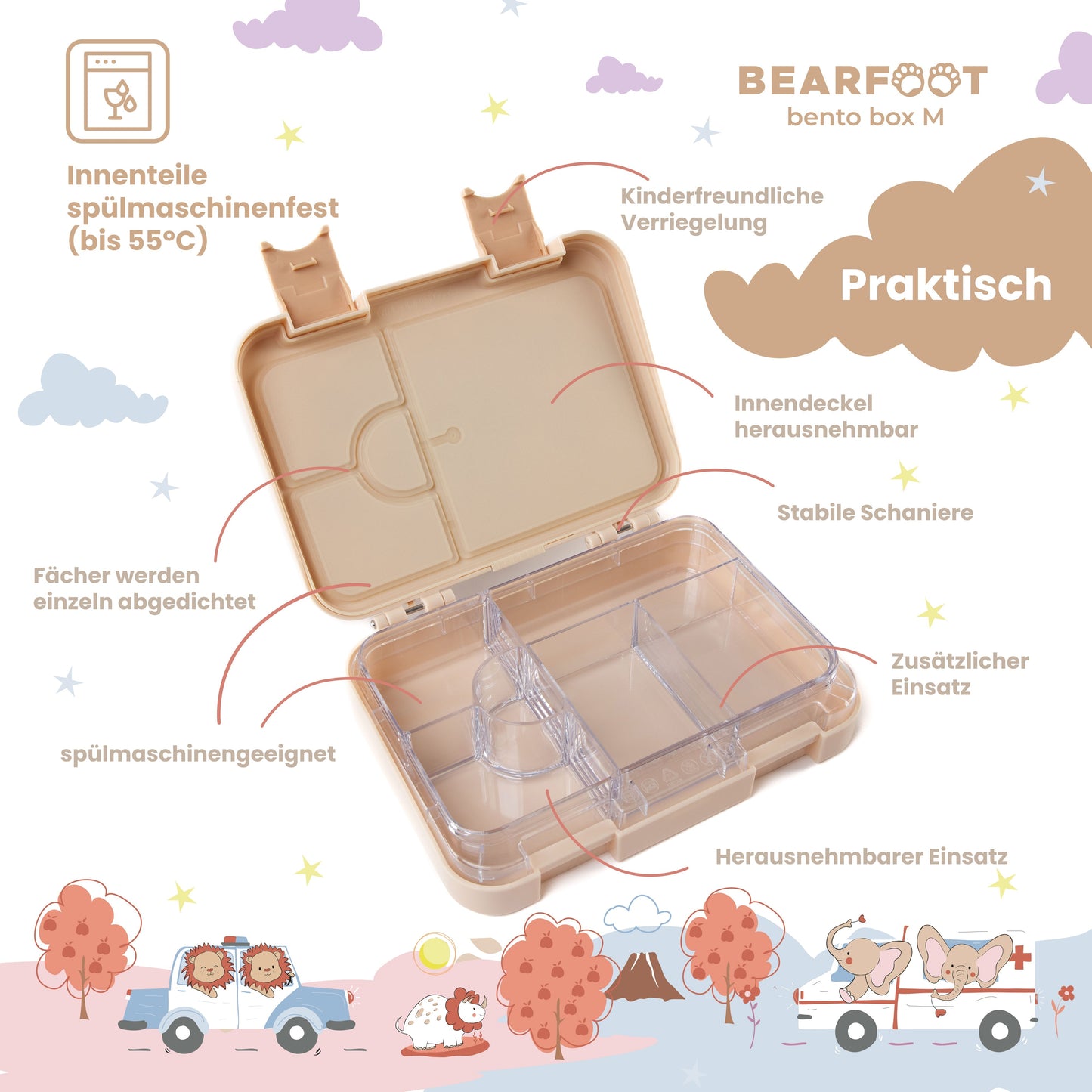 Brotdose Kinder mit Fächern, Lunchbox, Bento box - Elefanten