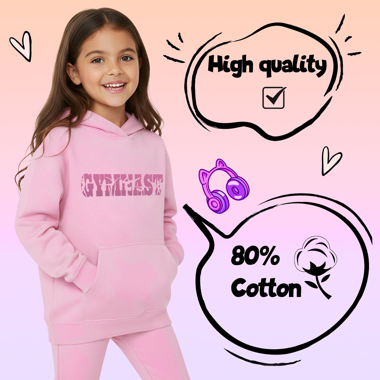 Fringoo Gymnastic Sweat à capuche for enfant Cotton Rich Soft Hooded Sweatshirt- Gymnast rose