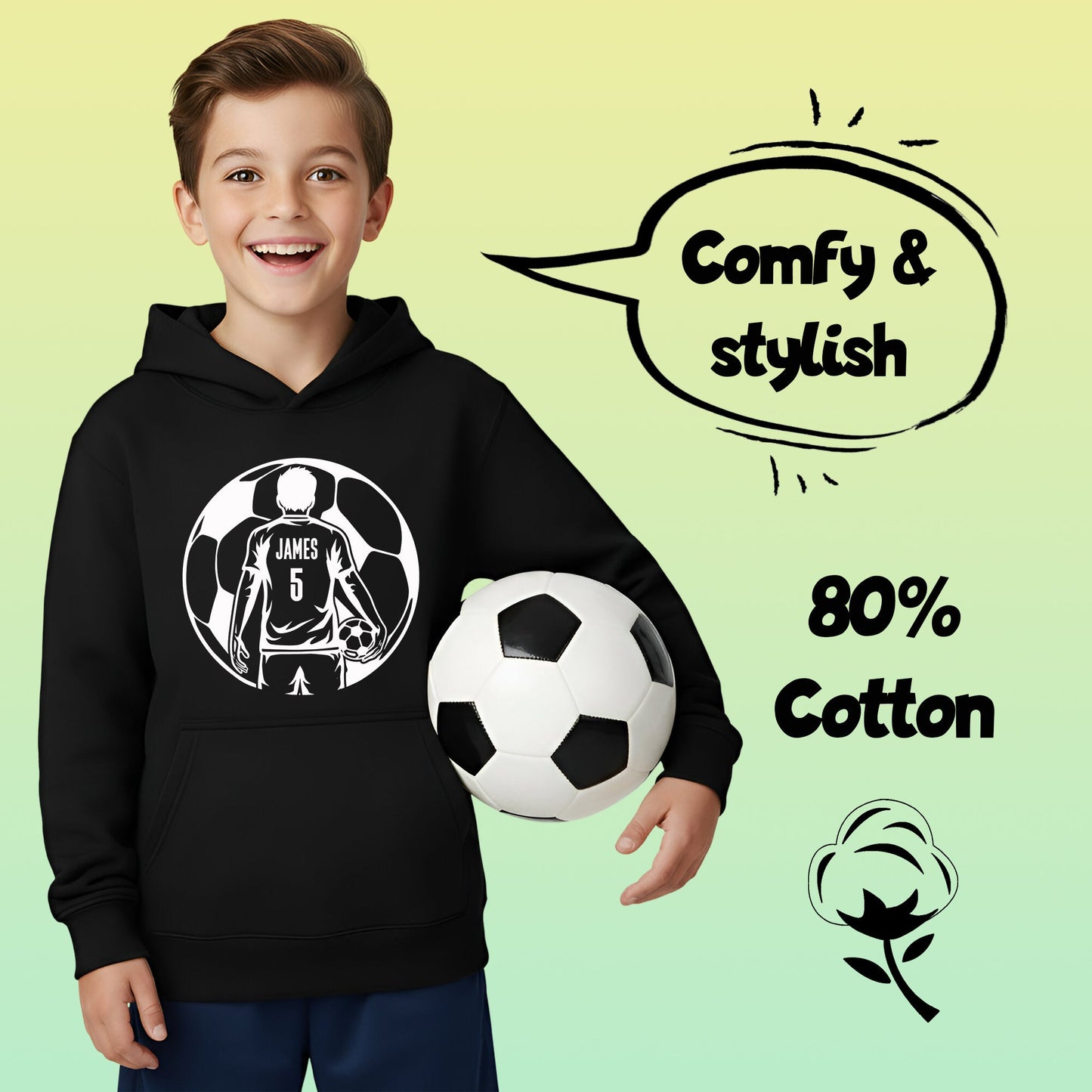 Fringoo football Sweat à capuche noir garçon Cotton Rich Soft Hooded Sweatshirt- football Ball noir
