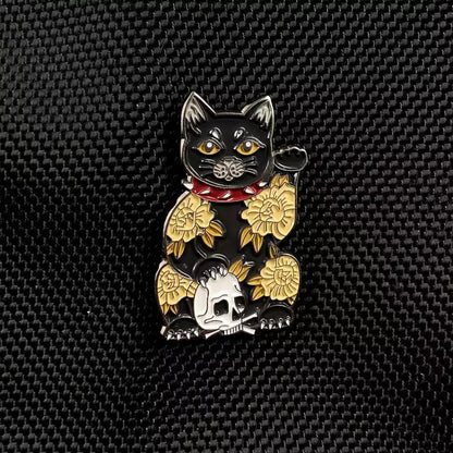 Black Lucky Cat Skull Pin