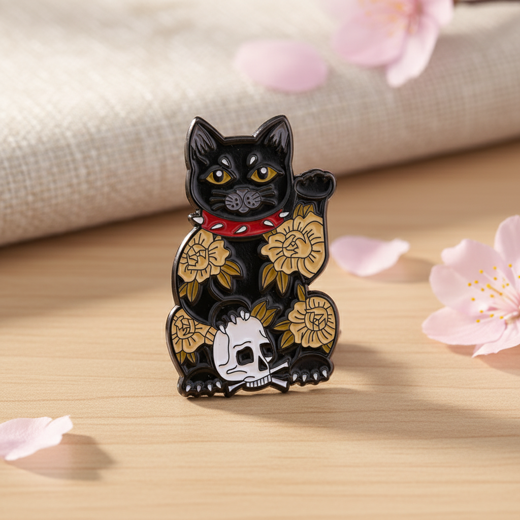 Pin's Chat Chanceux Noir Crâne