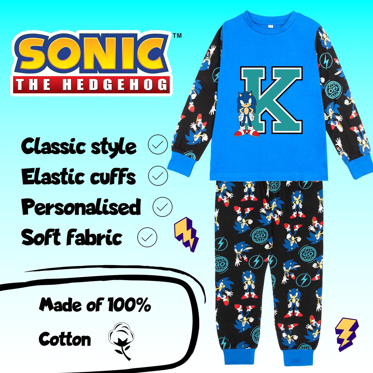 Sonic The Hedgehog Pyjama garçon Long Sleeve 100% Cotton