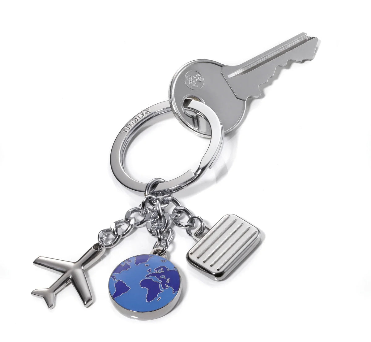 Porte-clés « WELTENBUMMLER » – Avion + Valise + Globe