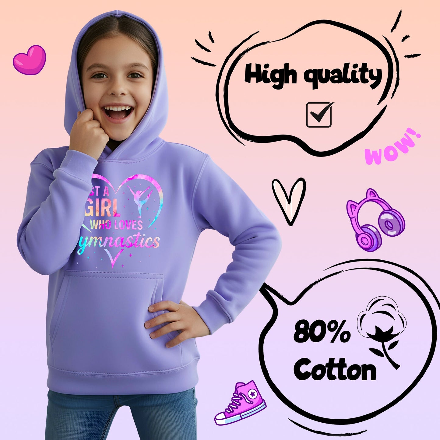 Fringoo Gymnastic Sweat à capuche for enfant Cotton Rich Soft Hooded Sweatshirt- Love Gymnastic violet