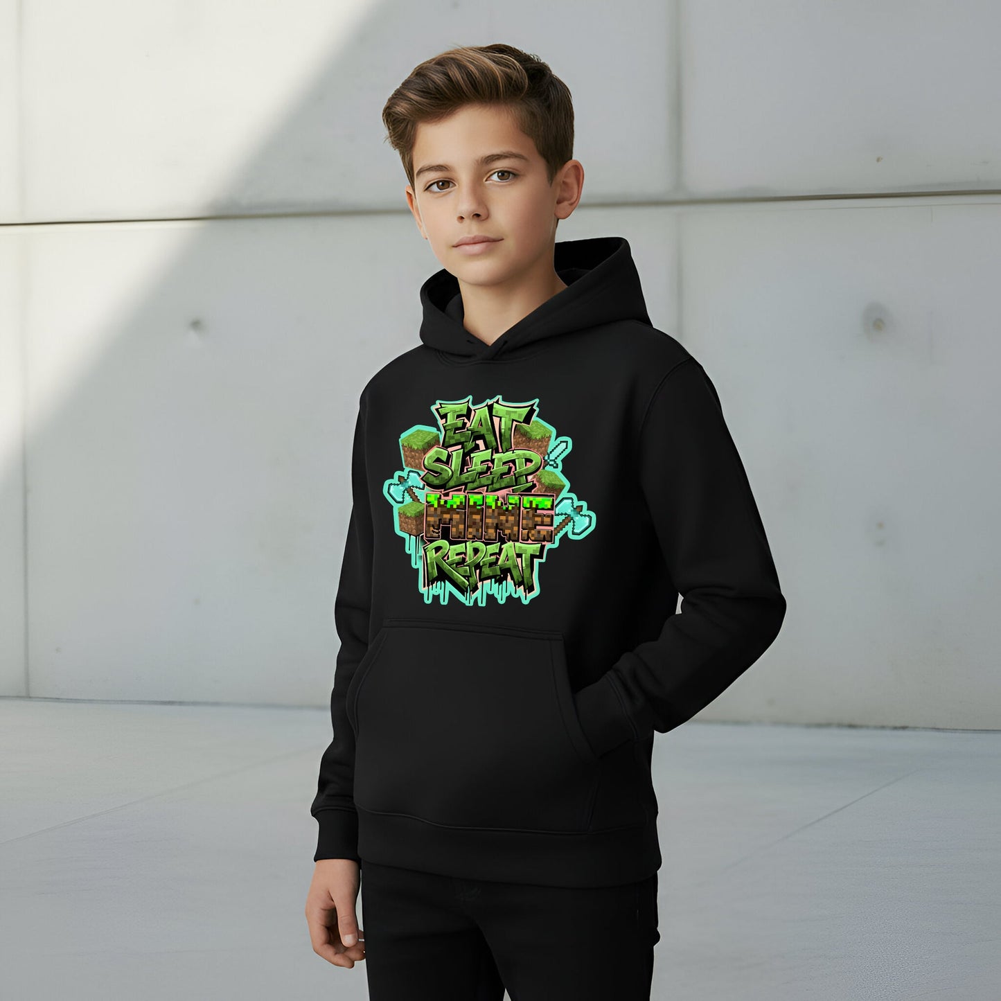 Fringoo gamer Sweat à capuche gris garçon Cotton Rich Soft Hooded Sweatshirt- Eat Minecraft noir