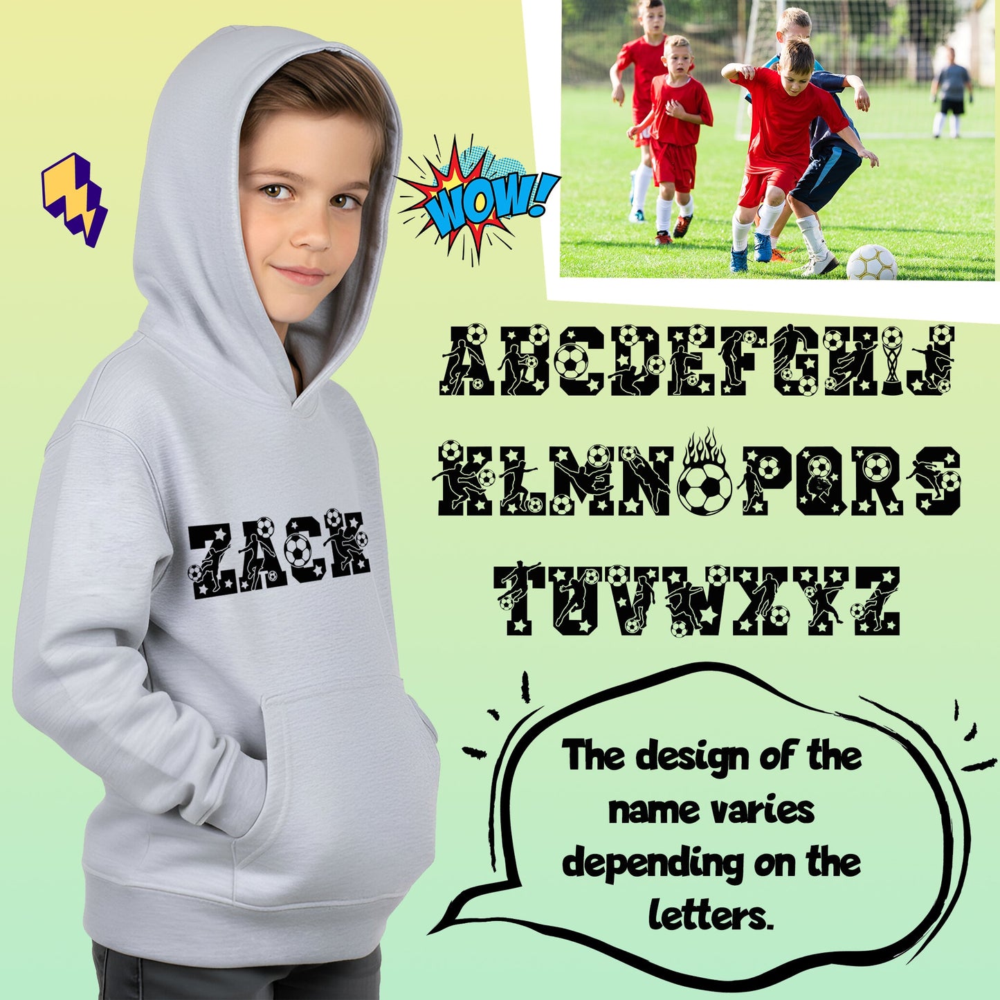 Fringoo football Sweat à capuche gris garçon Cotton Rich Soft Hooded Sweatshirt- football Alphabet gris