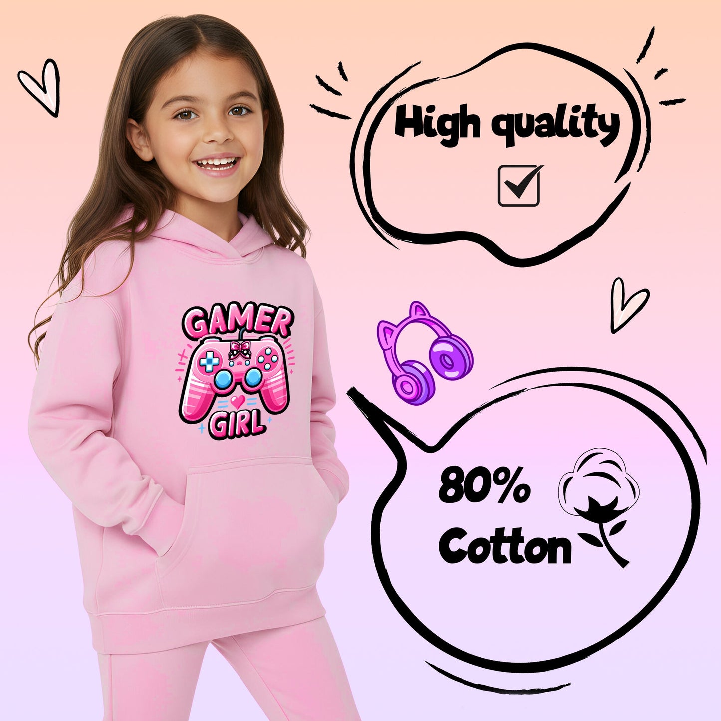 Fringoo gamer Sweat à capuche rose fille Cotton Rich Soft Hooded Sweatshirt- gamer Pad rose