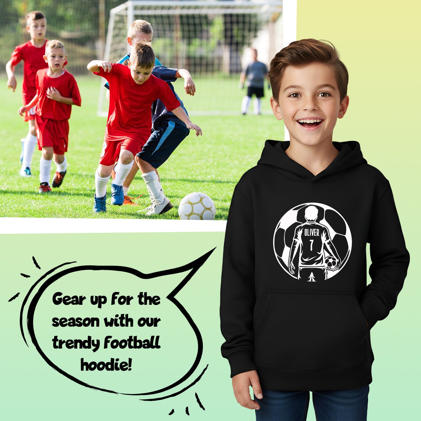 Fringoo football Sweat à capuche noir garçon Cotton Rich Soft Hooded Sweatshirt- football Ball noir