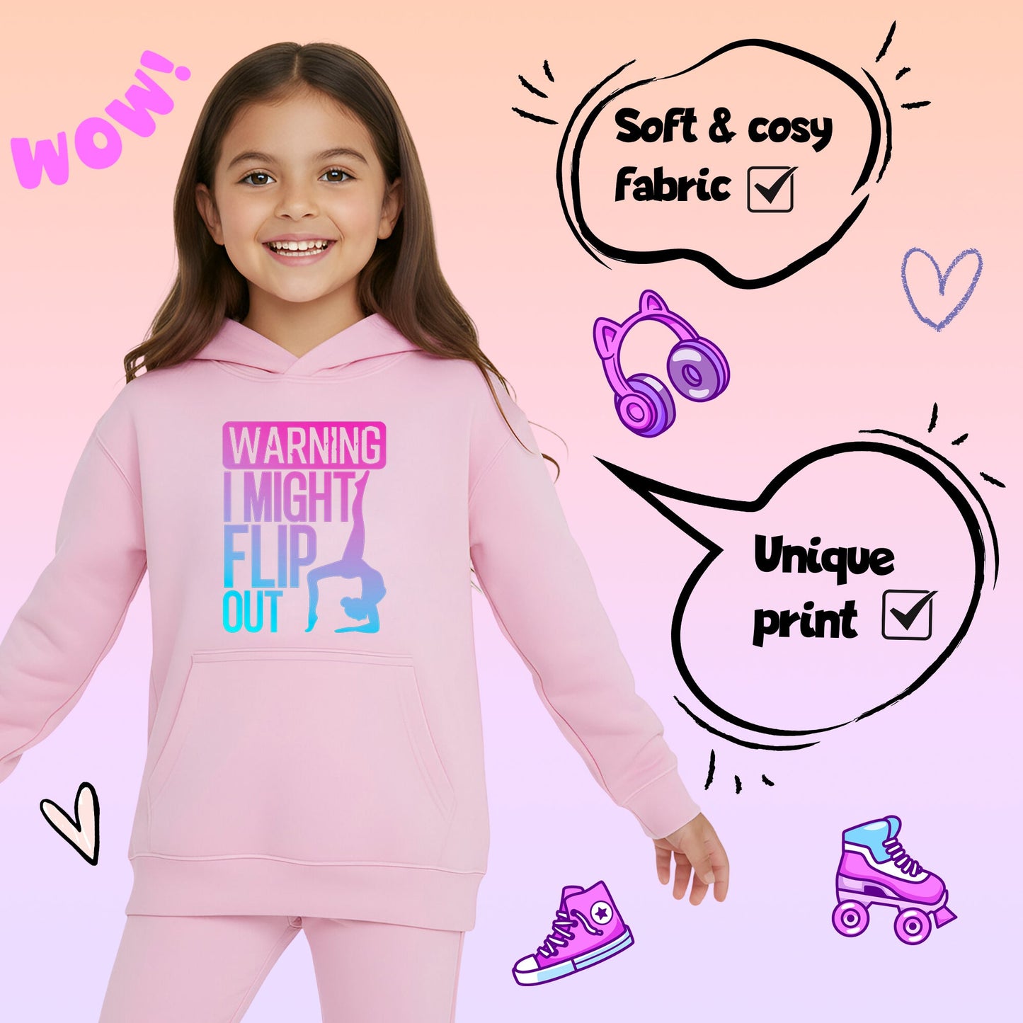 Fringoo Gymnastic Sweat à capuche for enfant Cotton Rich Soft Hooded Sweatshirt- Gymnastic Flip out- rose