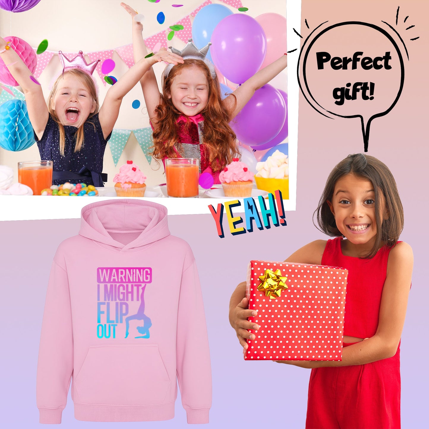 Fringoo Gymnastic Sweat à capuche for enfant Cotton Rich Soft Hooded Sweatshirt- Gymnastic Flip out- rose