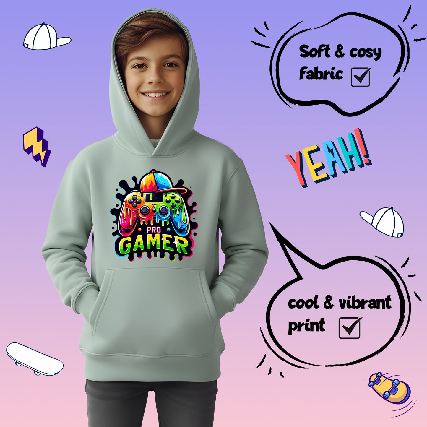Fringoo gamer Sweat à capuche garçon Cotton Rich Soft Hooded Sweatshirt- Pro gamer vert
