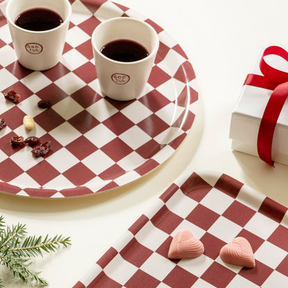 Burgundy/Cream CHECKER Round Serving Tray - 31 cm