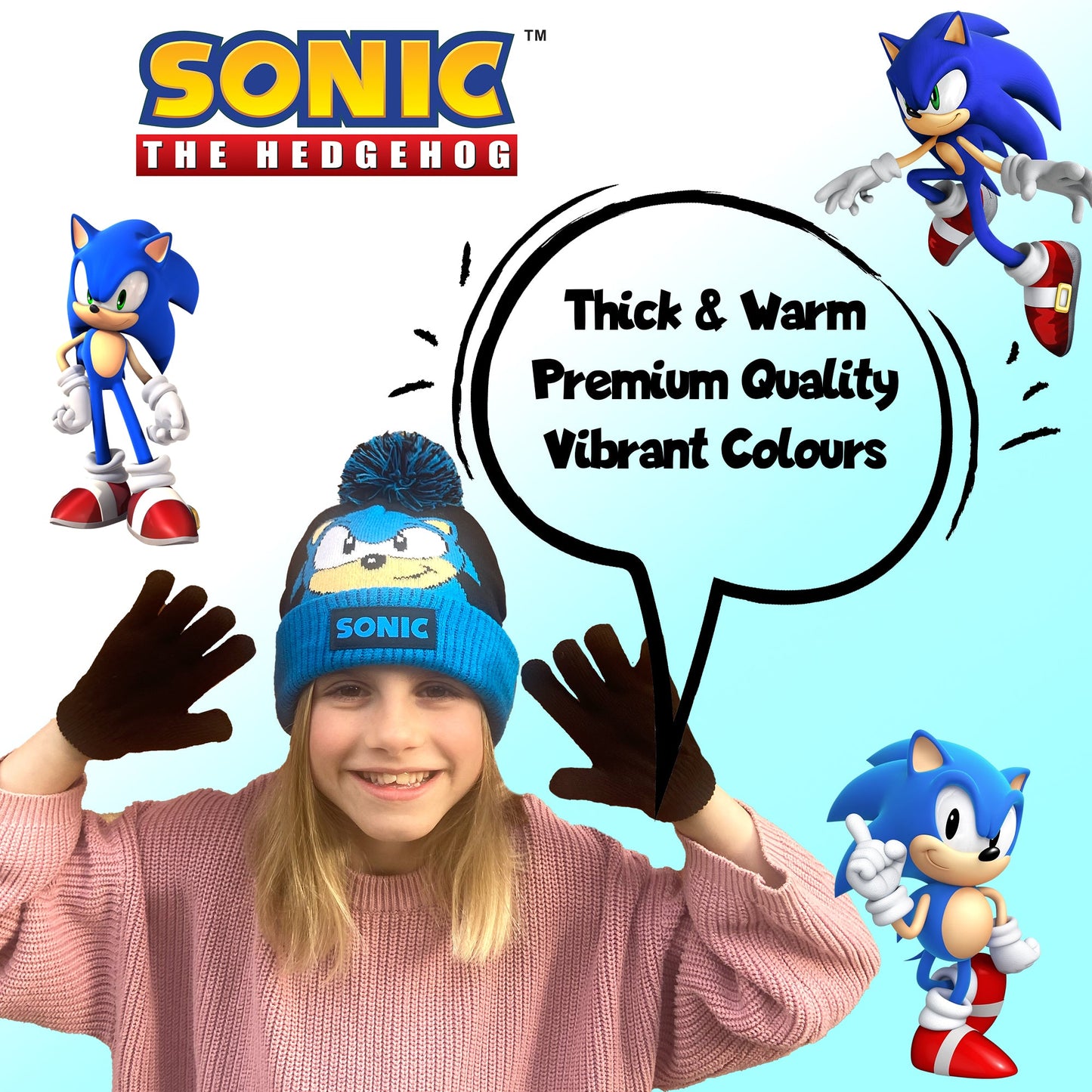 Sonic THE HEDGEHOG Winter Hat & Gloves Set garçon-noir