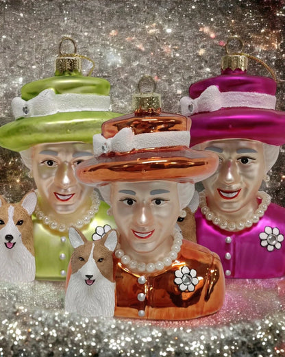 Queen Elizabeth &amp; Corgi Orange Christmas bauble