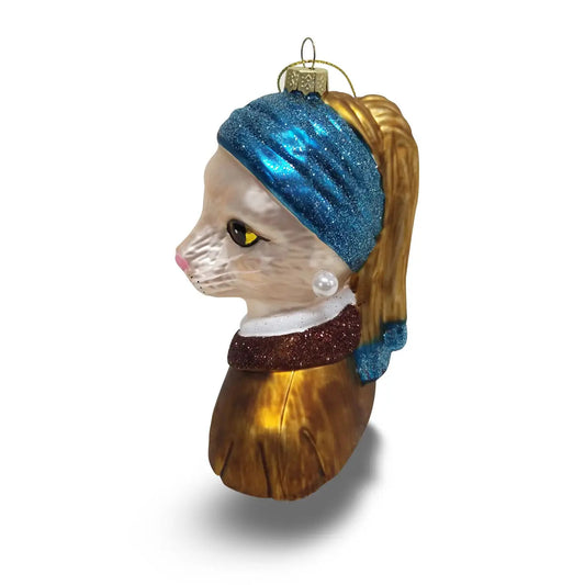 Boule de Noël Jeune Fille à la Perle Chat Blanc